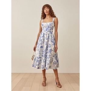 Like New Reformation Blue Floral Linen Bucatini Midi Dress
